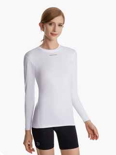 Front view of the SolarShield UVTee Long Sleeve for Ladies in white, featuring lightweight, water-resistant fabric, SPF 50+ UV protection, and a comfortable fit for rowing and paddling.