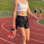Women's Retro Sports Shorts, Black and Charcoal, view 5
