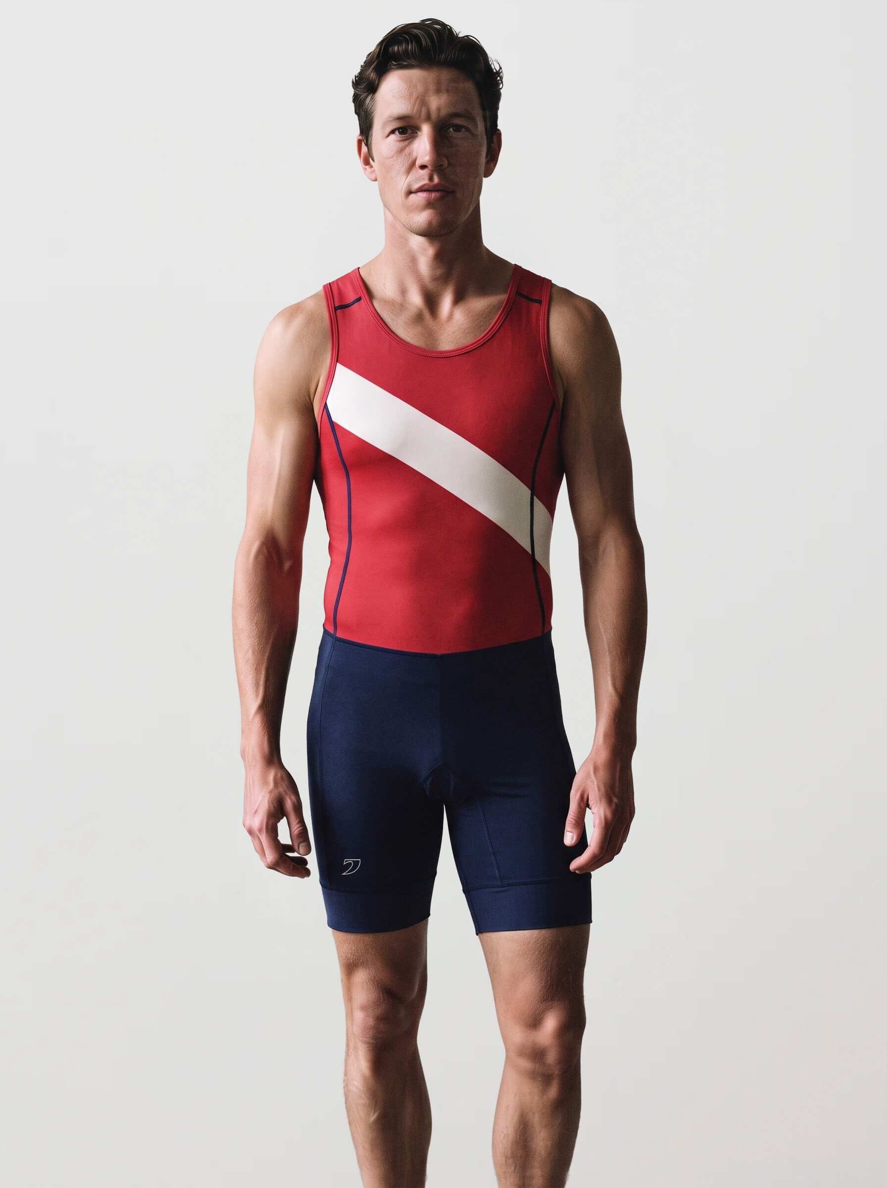 Men’s Rowing Unisuit, Varsity Sash, Carmine Red and Ivory