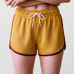 Women's Retro Sports Shorts, Mustard and Burgundy, view 3