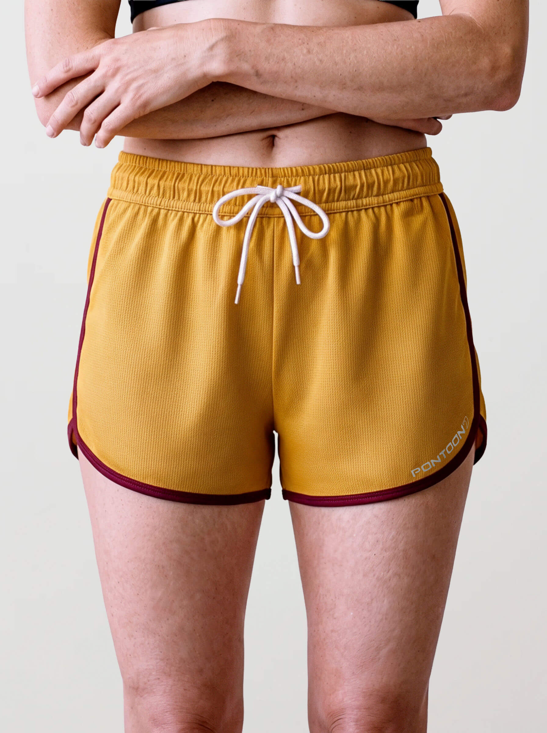 Women's Retro Sports Shorts, Mustard and Burgundy, view 3