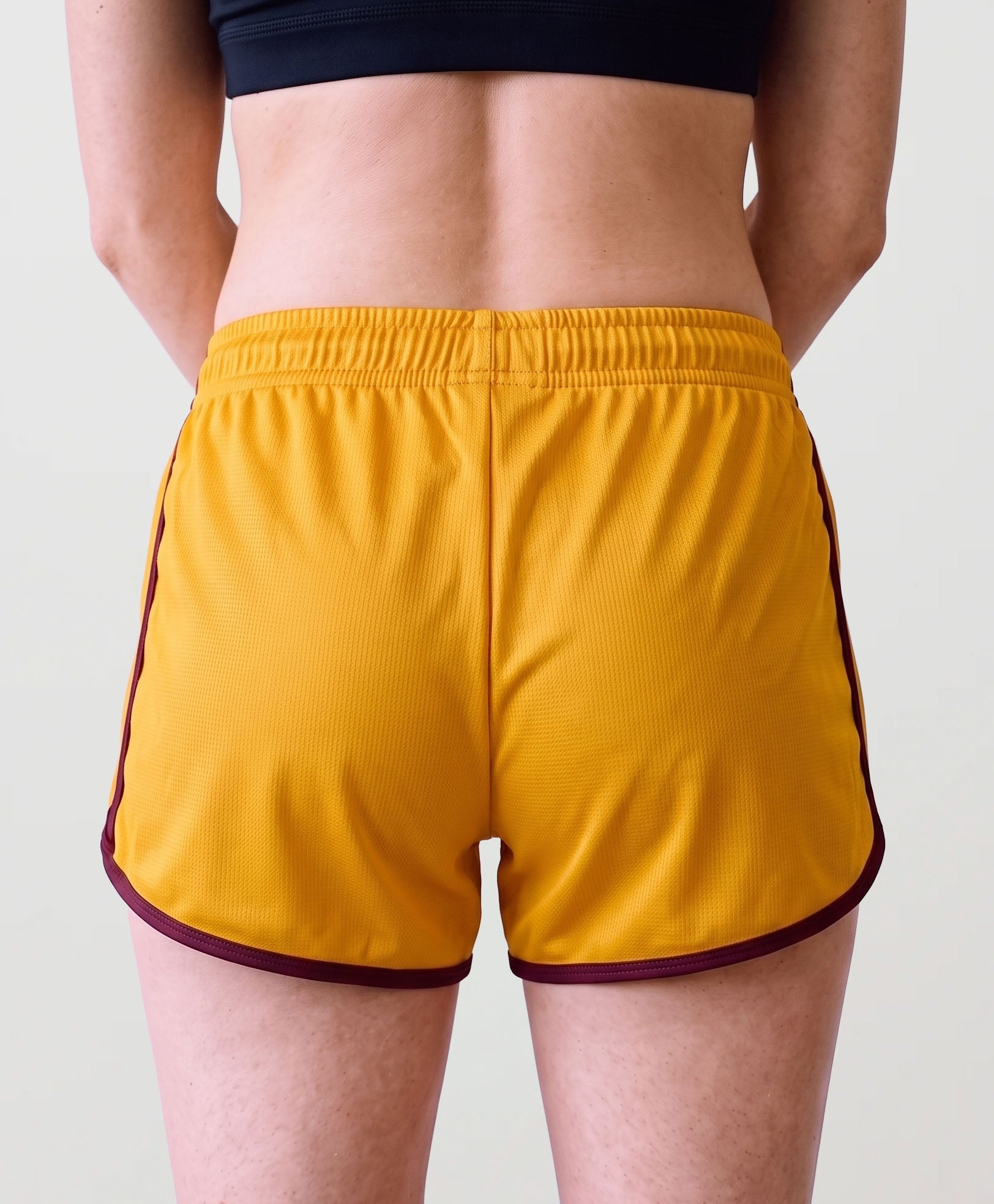 Women's Retro Sports Shorts, Mustard and Burgundy, view 4