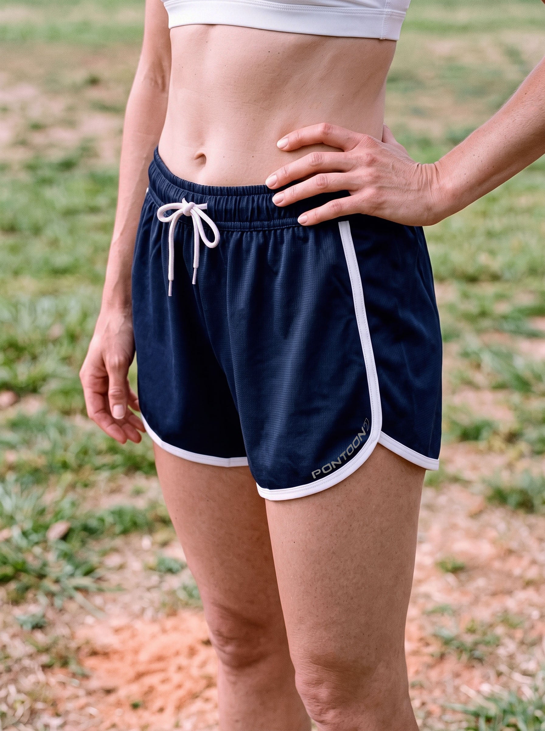 Women’s Retro Sports Shorts, Navy and Ivory, view 5
